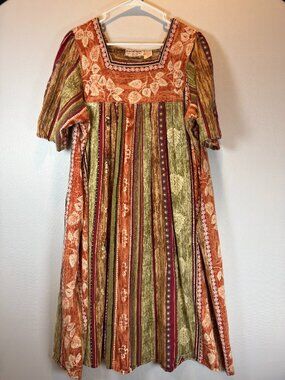 Vermont Country Store 1X Cotton Botanical House Dress Boho Earth Tone Pockets
